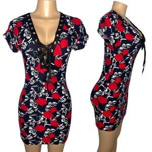 New Size S/M Stretchy  Floral Dress Casual Comfy Short Navy Blue and Red Dress